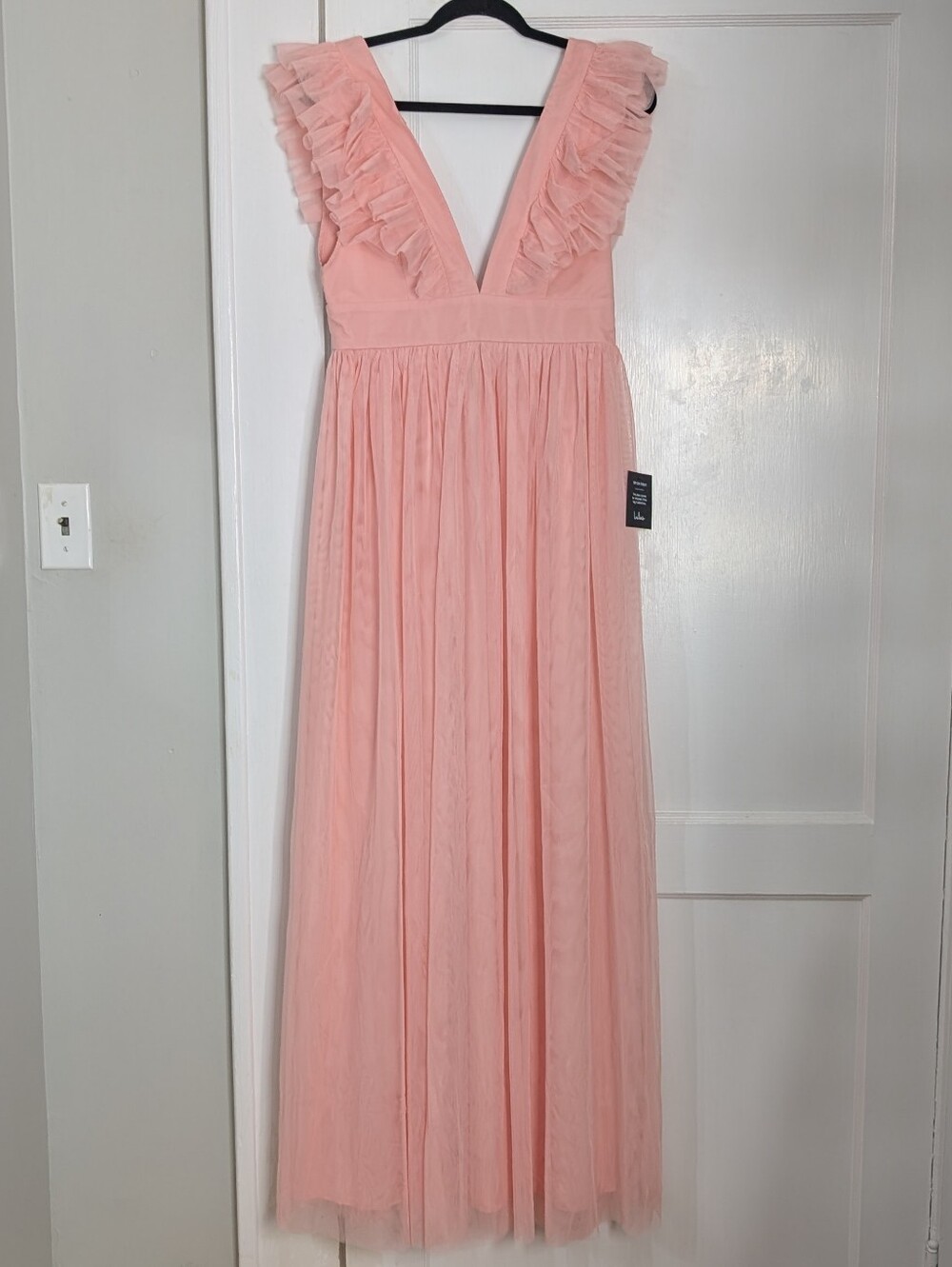 Lulus Simply Delighted Mesh Tulle Ruffled Backless Maxi Dress Baby Pink NWT